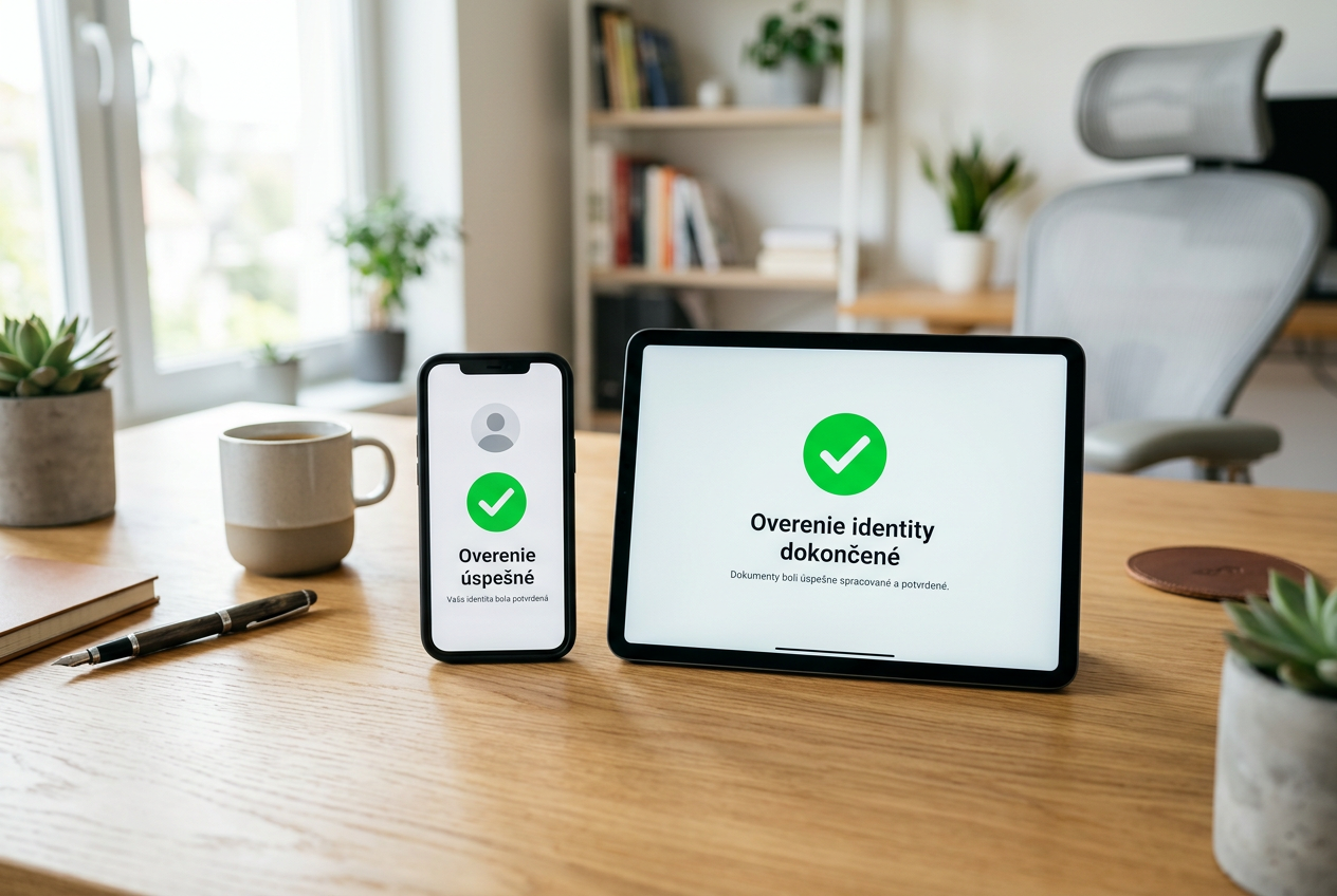 Smartfón a tablet na drevenom stole zobrazujúci digitálne potvrdzovacie rozhranie s fajkou